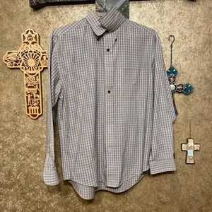 Black and white, long sleeve, button down shirt.